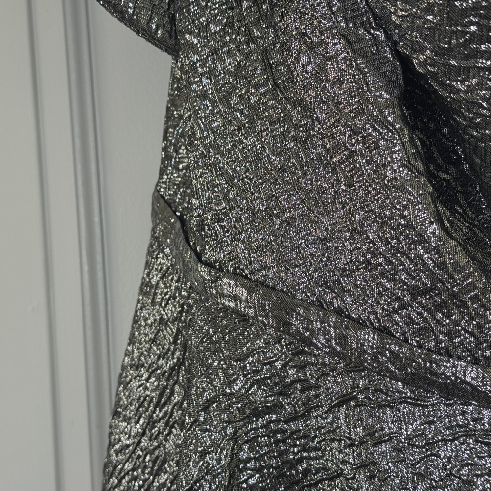 Mac Duggal Style #67906 One Shoulder Bow Midi Dress Brocade Metallic Silver - Picture 10 of 13